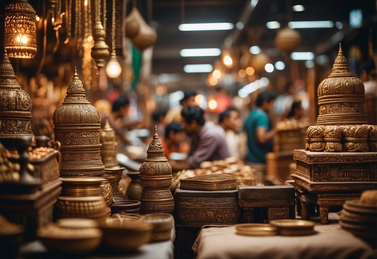 A bustling marketplace showcases handcrafted Indian furniture, highlighting traditional designs and sustainable materials