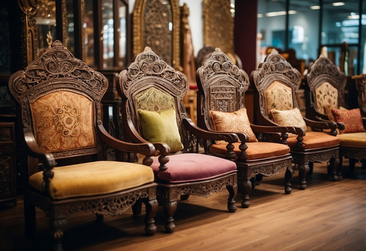 An Indian ethnic furniture showroom with various pieces on display, including intricately carved wooden chairs, ornate cabinets, and colorful textiles