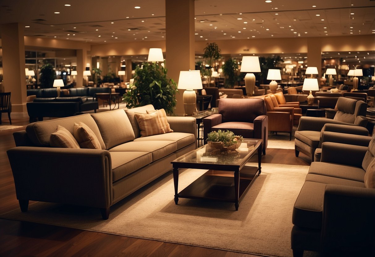 The bustling interior of Wheelock Furniture Store, with rows of elegant sofas, tables, and chairs on display, bathed in warm, inviting light