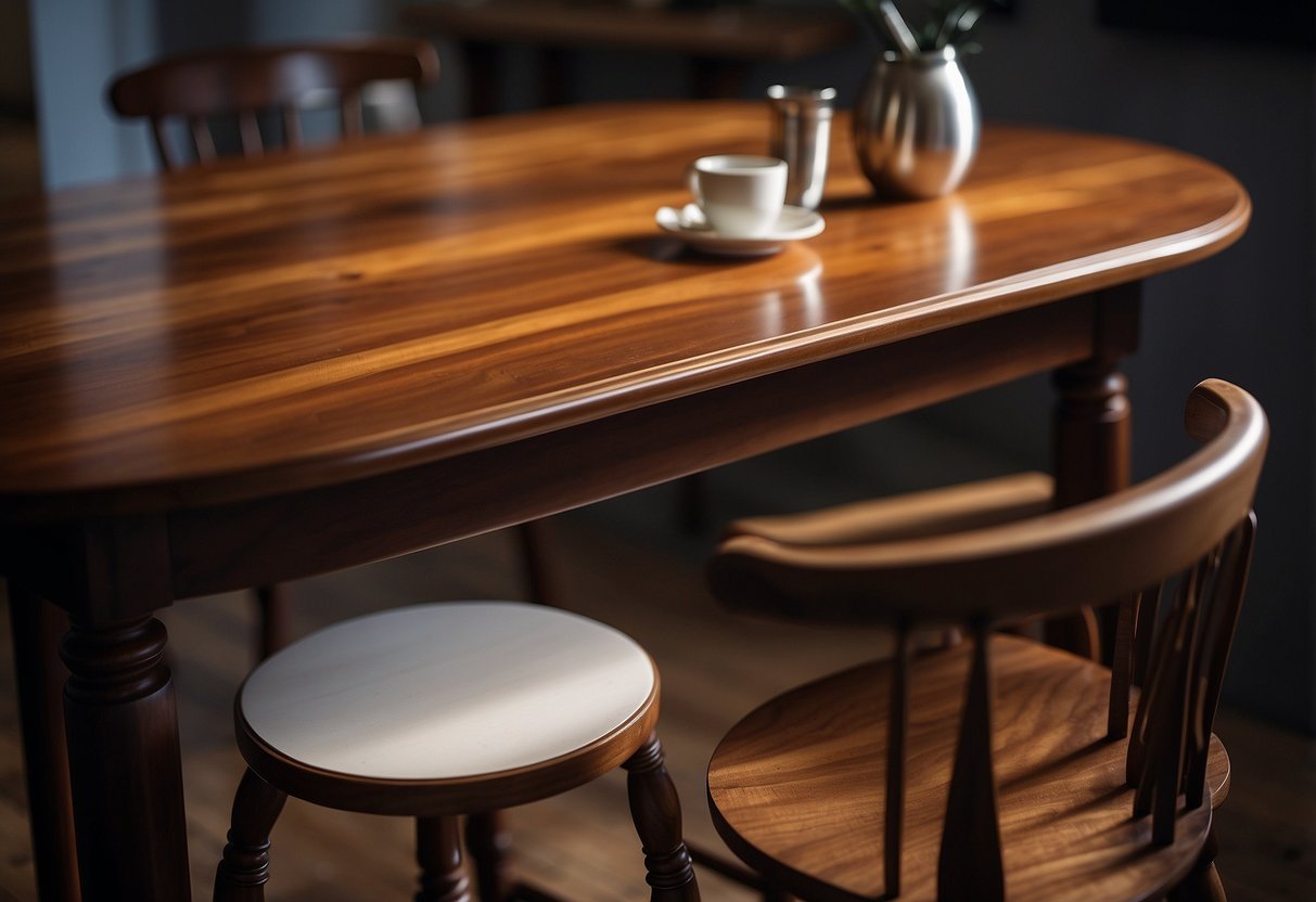 A walnut table and chair are being painted with a rich, glossy finish. The deep brown color of the wood contrasts beautifully with the fresh coat of paint