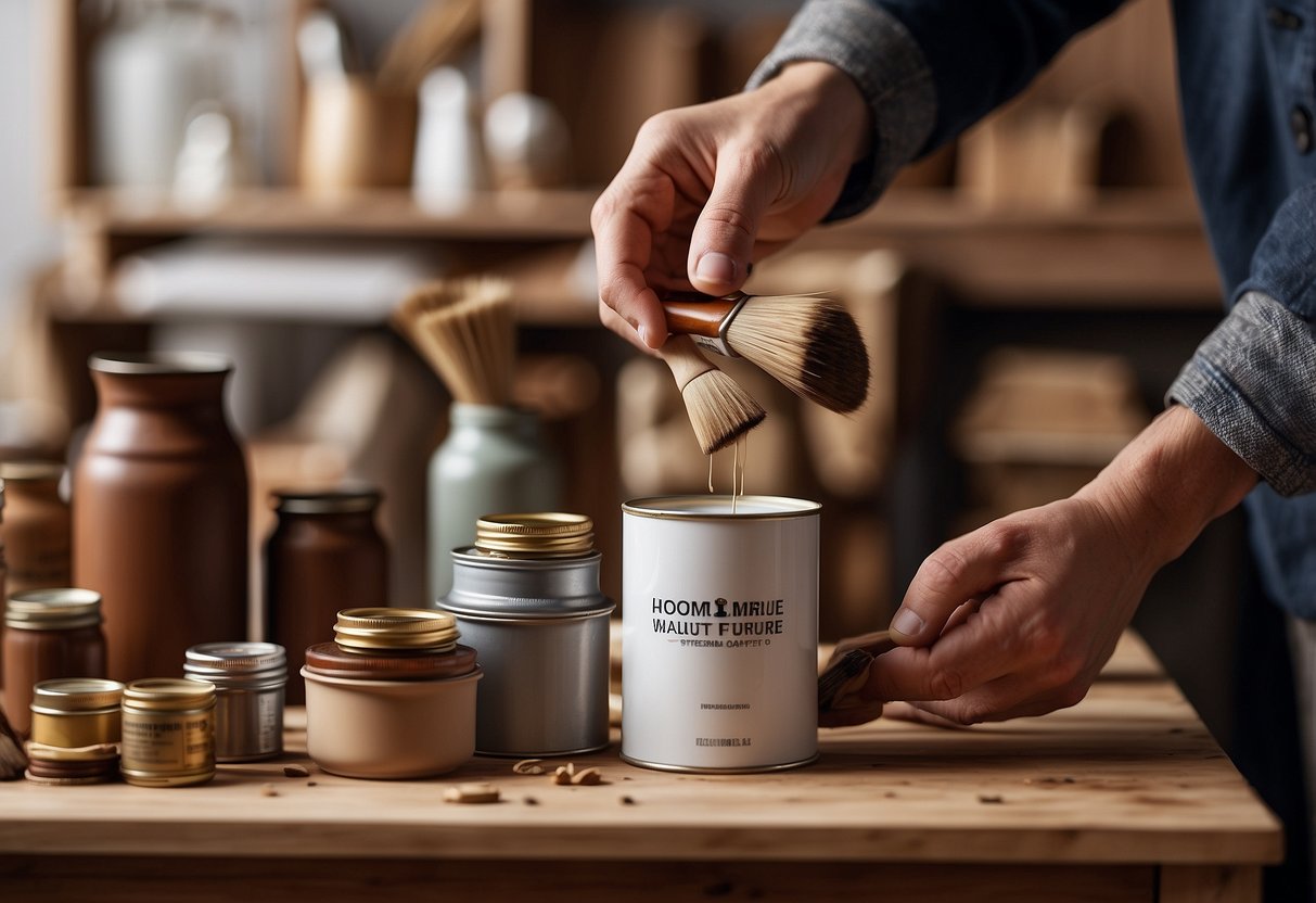 A hand reaching for a can of walnut furniture paint on a shelf, surrounded by various paintbrushes and wood furniture pieces
