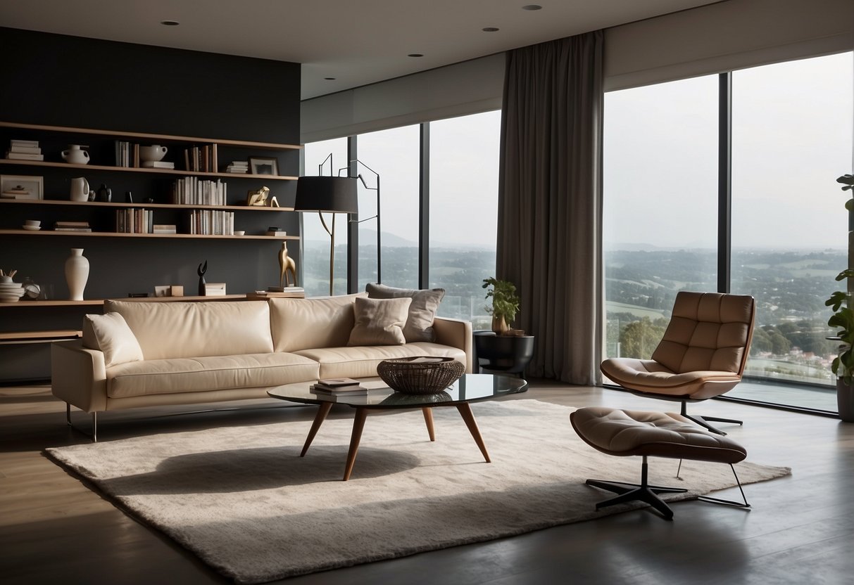 A modern living room with a sleek leather sofa, a glass coffee table, and a statement armchair. The room is bathed in natural light from large windows, and there are minimalist shelves and a contemporary floor lamp