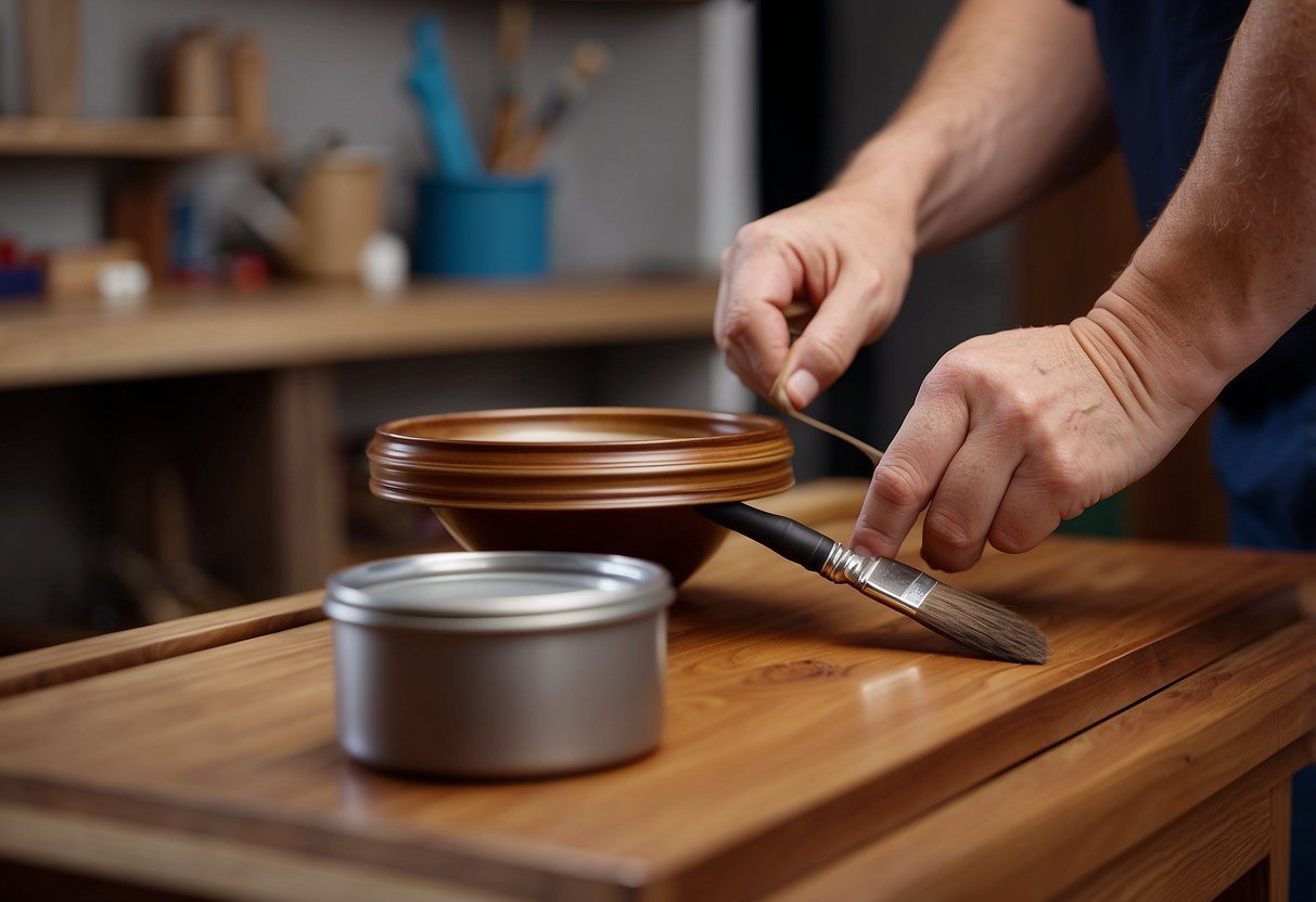 An artist applies paint to a walnut furniture piece, enhancing its natural beauty and adding depth to the wood grain