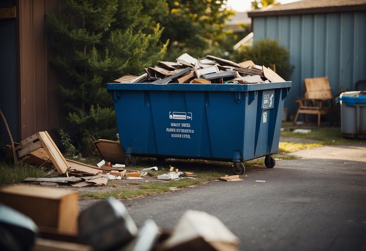 A large dumpster surrounded by various old furniture items, with a sign indicating it is a designated disposal area for old furniture