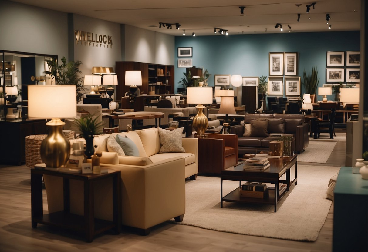 Customers browsing through modern and classic furniture displays at Wheelock Furniture Store