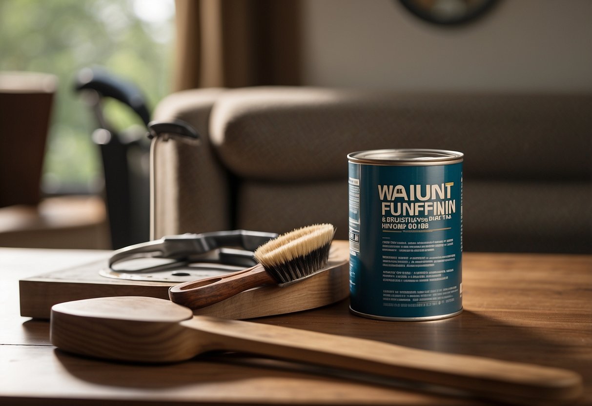 A can of walnut furniture paint sits on a table, surrounded by brushes, sandpaper, and a finished piece of furniture. A FAQ sheet is nearby