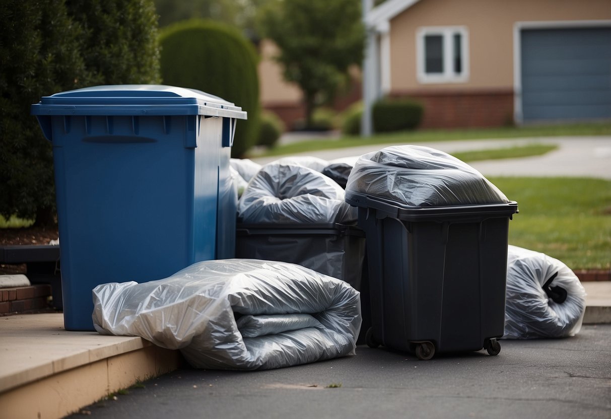 Furniture being wrapped in plastic and placed on the curb for disposal. Trash bins and a recycling center in the background
