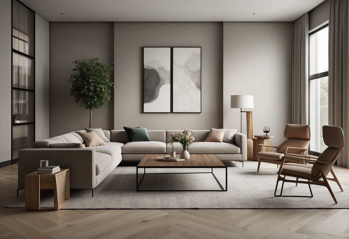 A modern living room with clean lines, neutral colors, and minimalist furniture arranged in a balanced and symmetrical layout