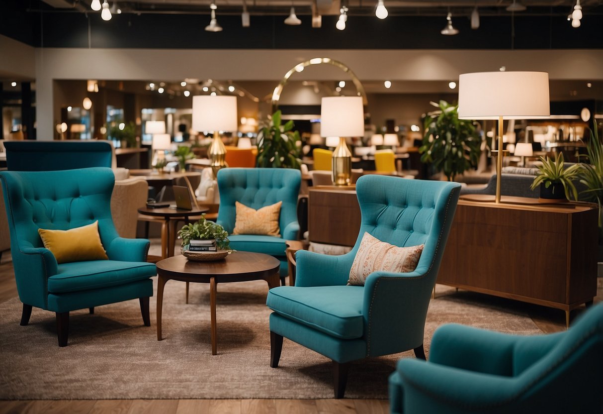 A colorful, eye-catching Frequently Asked Questions sign stands prominently in the center of the Wheelock furniture store, surrounded by various stylish and modern furniture pieces