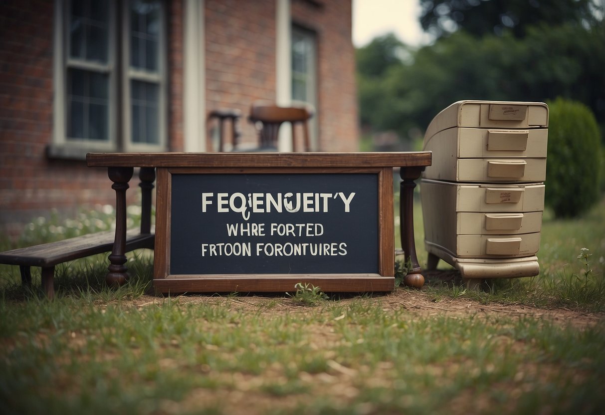 A pile of old furniture sits in front of a sign reading "Frequently Asked Questions: where to throw out old furniture."
