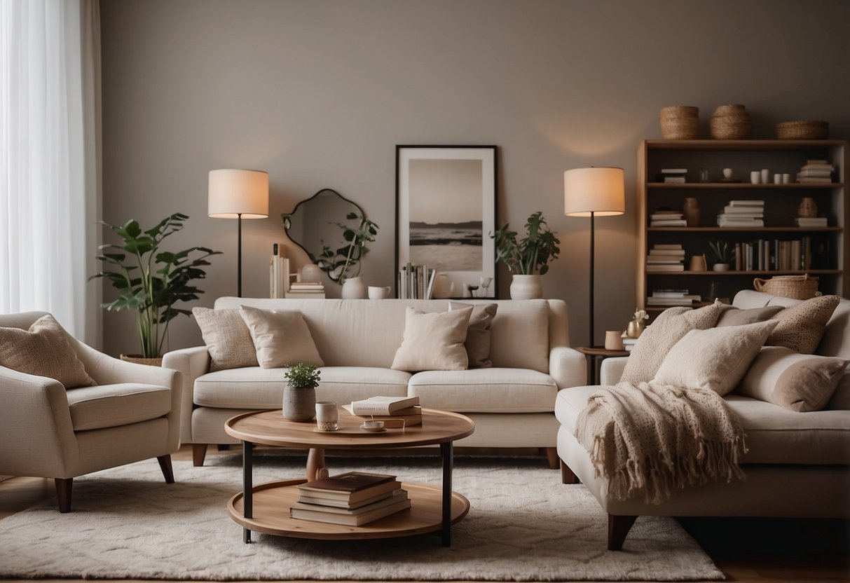 A cozy living room with a neutral color palette, a plush sofa and chairs arranged around a coffee table. A bookshelf and a floor lamp complete the space