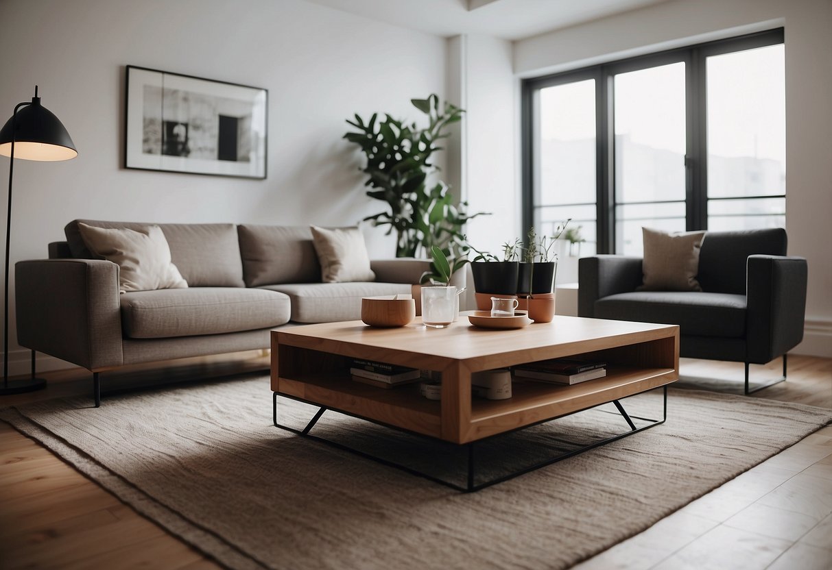 A well-lit room with a modern, minimalist design. A sleek, comfortable sofa sits in the center, surrounded by stylish, functional furniture pieces