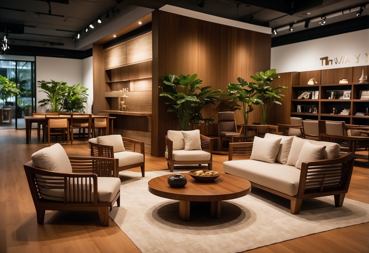 A spacious showroom displays elegant Wijaya teak furniture in Singapore. Rich wood tones and sleek designs create a sophisticated and inviting atmosphere