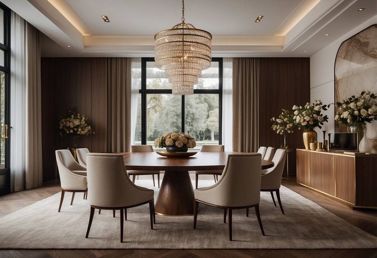 A luxurious living room with a grand walnut dining table, matching chairs, and a stunning walnut cabinet, exuding elegance and opulence