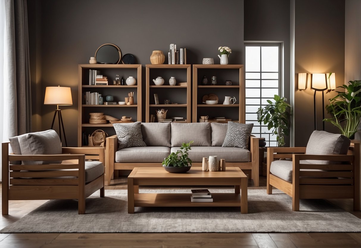 The wooden living room furniture sets are arranged neatly, with a coffee table in the center, a sofa and armchairs flanking it, and a bookshelf against the wall