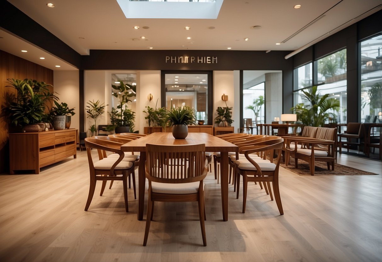 A spacious showroom filled with elegant teak furniture, bathed in natural light. Rich wood grains and intricate designs create a warm and inviting atmosphere