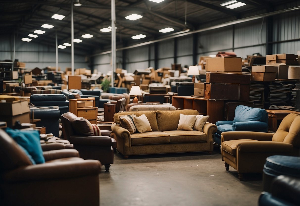 A cluttered warehouse filled with a variety of second-hand furniture pieces, including sofas, chairs, tables, and dressers, stacked haphazardly and waiting to be discovered