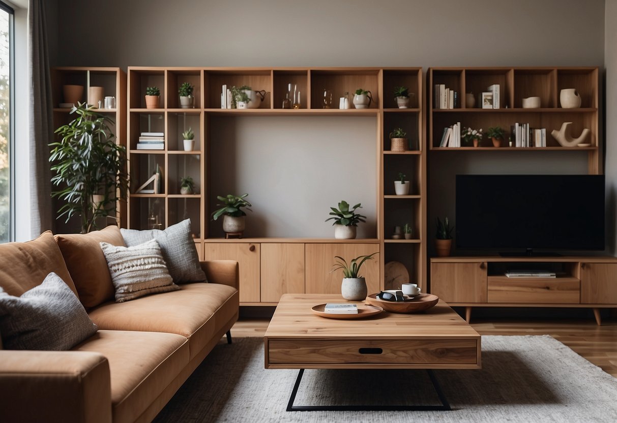 A cozy living room with various wooden furniture styles and materials, including a coffee table, bookshelves, and a comfortable sofa set