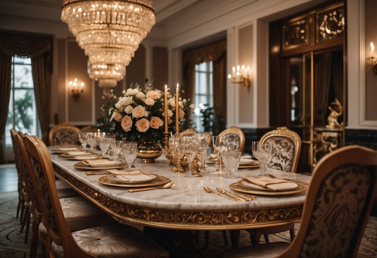 An elegant dining room with ornate chairs and a marble table, adorned with intricate carvings and luxurious fabrics. Rich, warm colors and classical details create a sense of opulence and sophistication