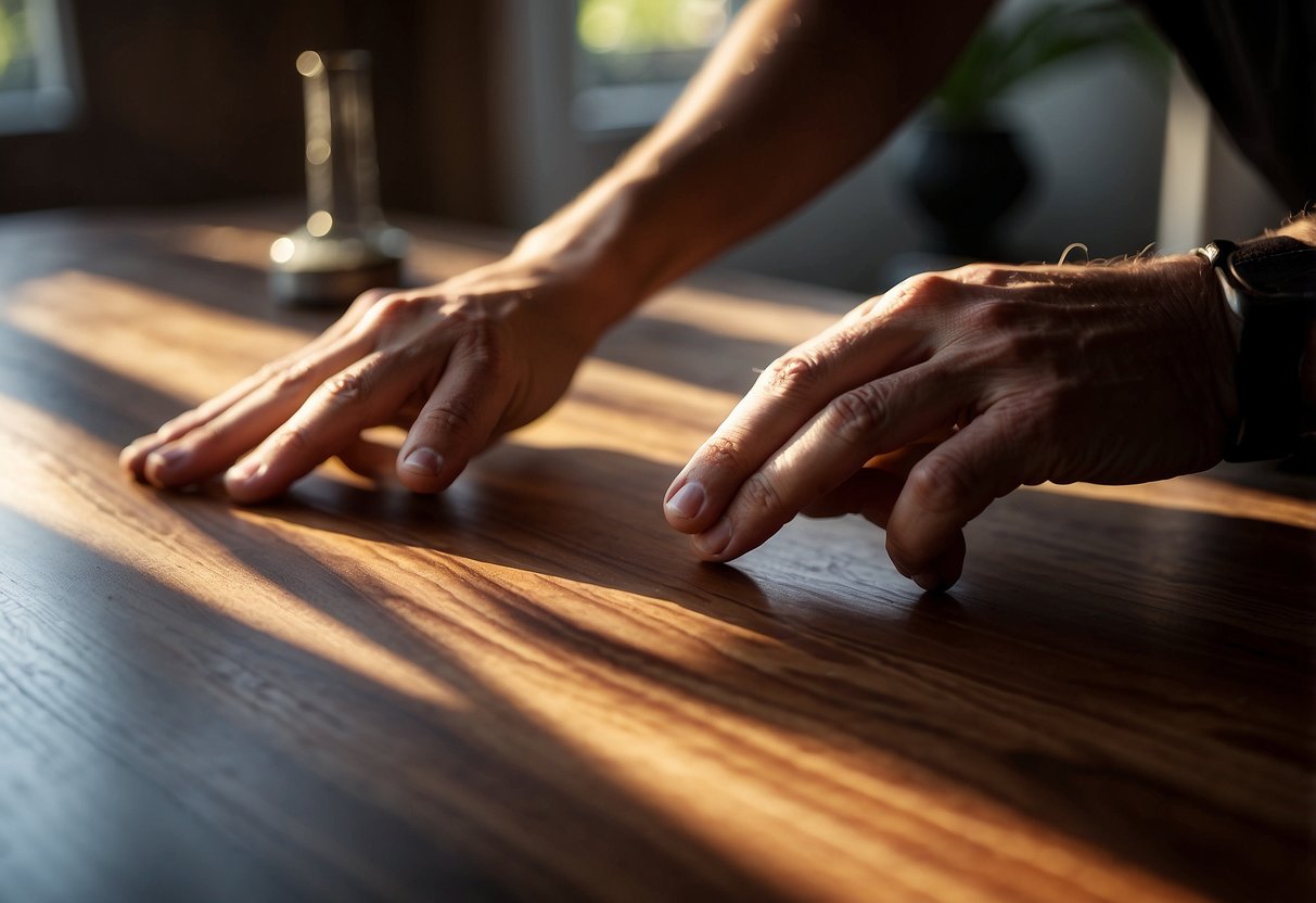 A polished walnut table sits in a sunlit room, showcasing its rich, dark grain. Nearby, a craftsman carefully selects a piece of walnut wood for a new project