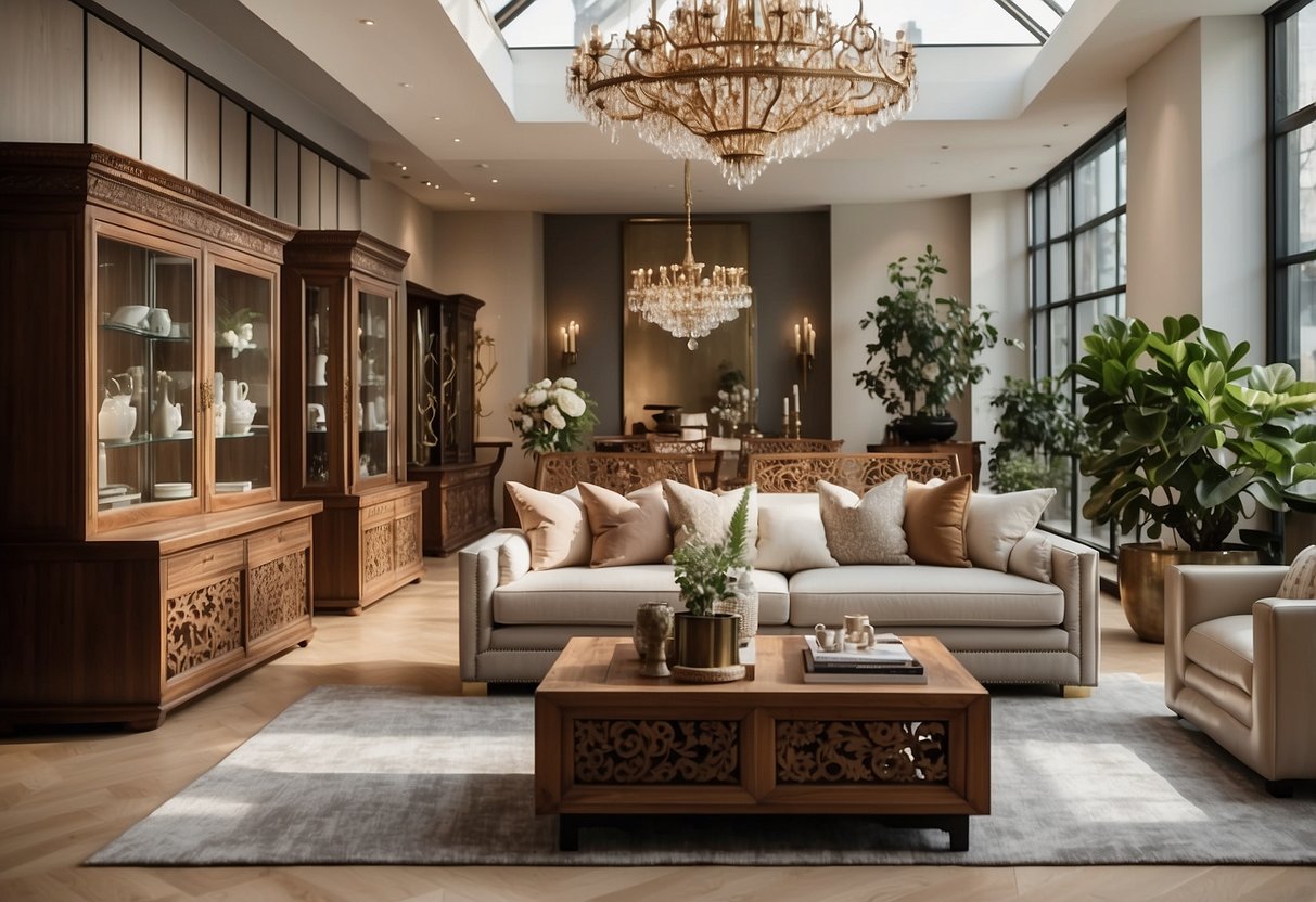 An Italian-inspired furniture showroom with sleek lines, rich wood finishes, and intricate carvings. Bright natural light highlights the elegant pieces