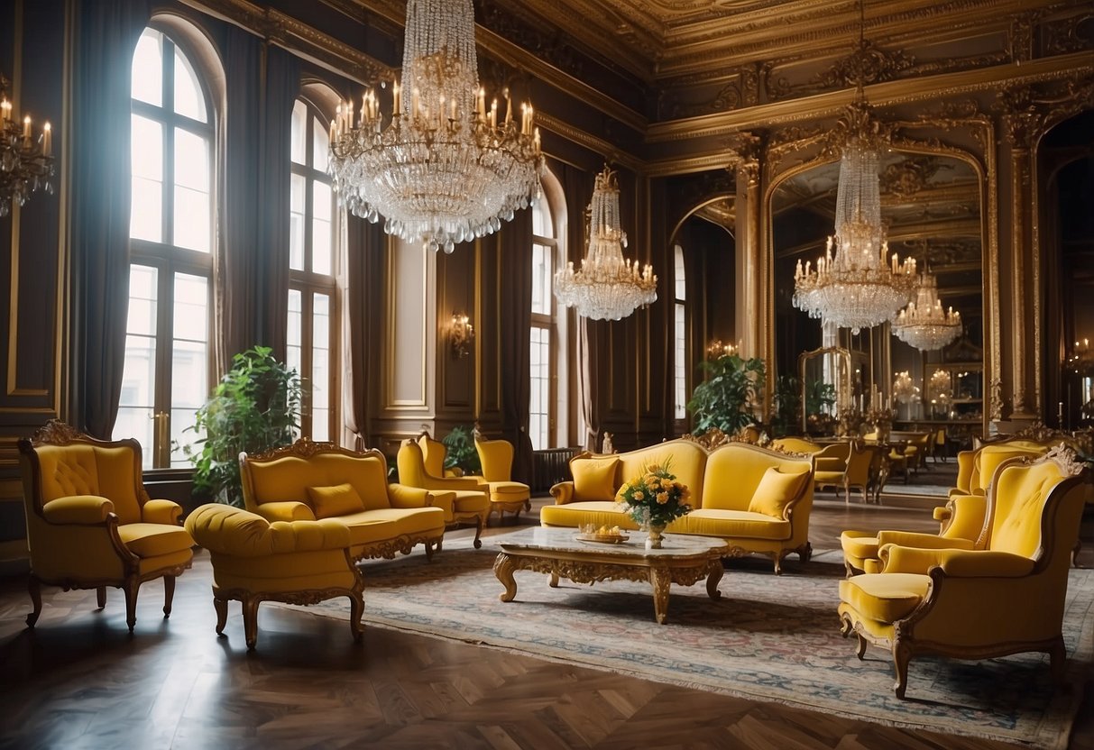 A grand hall adorned with yellow European classic furniture, reflecting historical influence on European furniture design