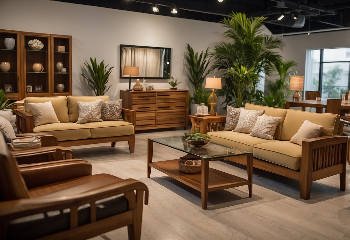 A spacious teak furniture showroom with a variety of elegant and functional pieces displayed in an organized and inviting manner