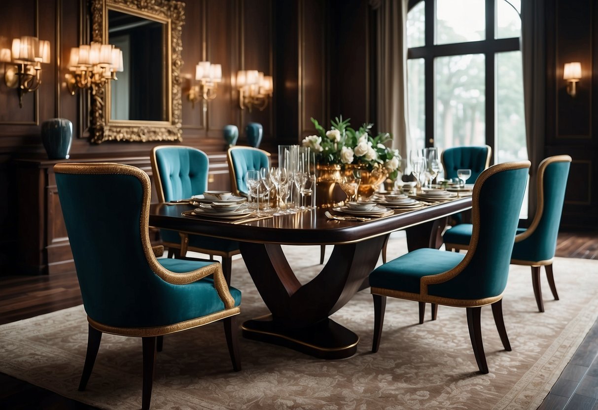 A grand walnut table surrounded by luxurious chairs, set in an opulent room with rich, dark wood accents and elegant decor