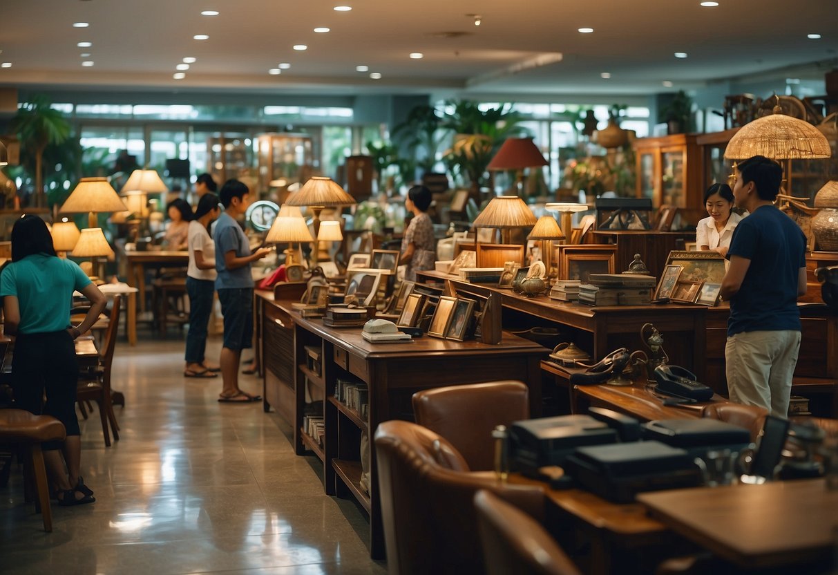 Customers browsing eclectic second-hand furniture in a bustling Singapore shop