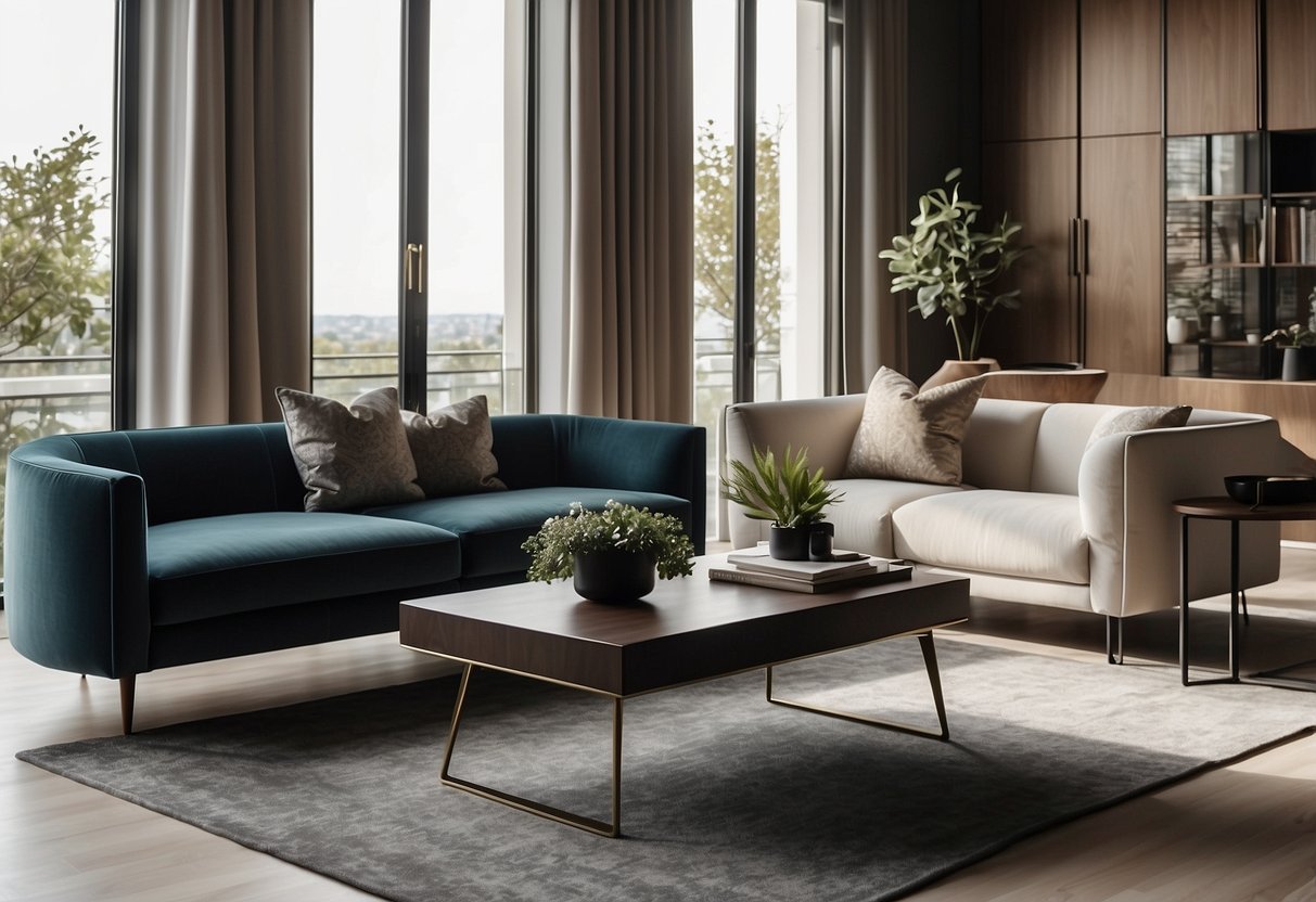 A sleek, modern living room with Italian-inspired furniture, featuring clean lines, rich fabrics, and elegant accents