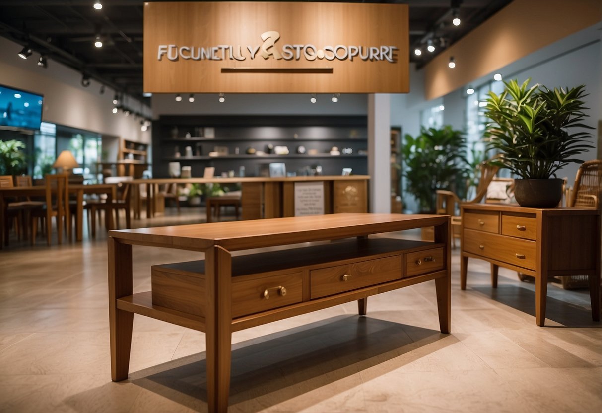 A display of teak furniture with a sign reading "Frequently Asked Questions wijaya teak furniture singapore" in a showroom setting