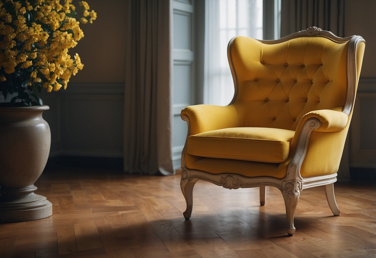A yellow European classic chair, crafted with fine materials, sits elegantly in a well-lit room
