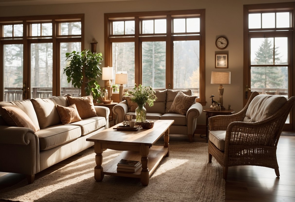 A cozy living room with a set of wooden furniture including a coffee table, sofa, and armchairs. The room is well-lit with natural sunlight coming in through the windows