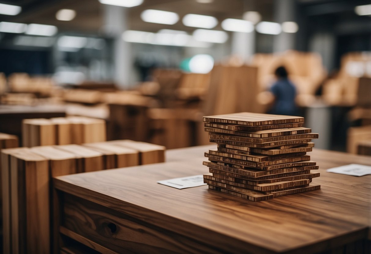 A stack of walnut furniture with price tags, surrounded by curious customers