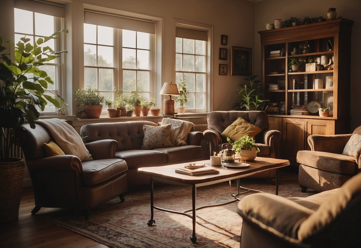 A cozy living room with a variety of pre-loved furniture pieces, including a vintage sofa, a rustic coffee table, and a retro armchair. The room is filled with natural light, creating a warm and inviting atmosphere
