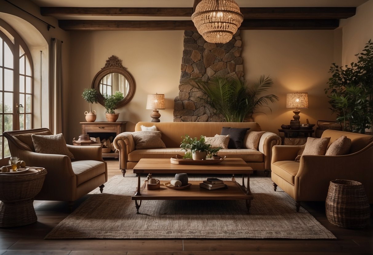 A cozy, rustic Italian-inspired living room with elegant furniture and warm, earthy tones. Rich wood finishes, plush fabrics, and ornate details create a timeless and inviting atmosphere
