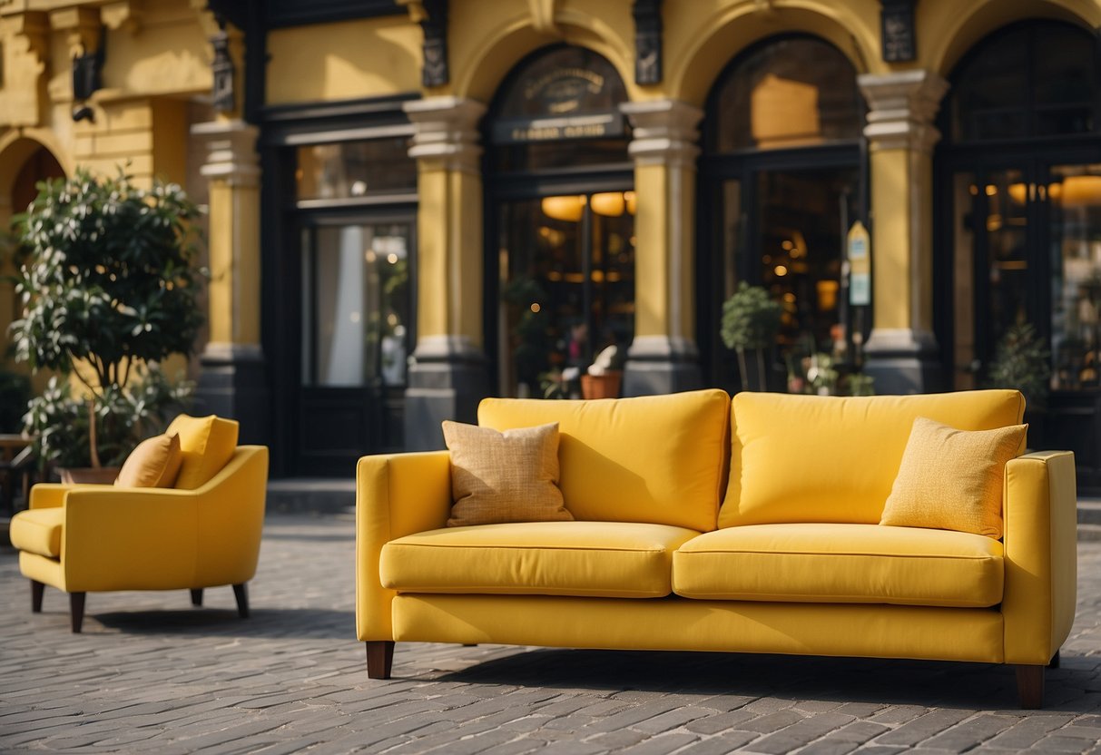 A bright yellow European classic furniture set surrounded by frequently asked questions signs