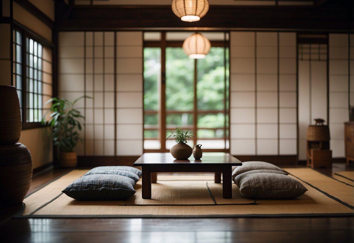 A tatami mat room with a low, wooden table called a chabudai and floor cushions known as zabuton. A shoji screen partitions the space