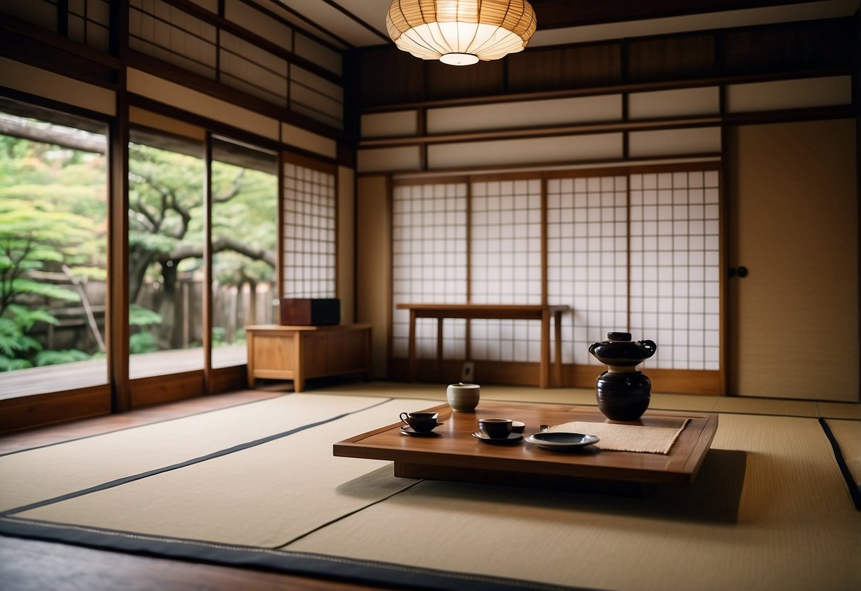 A traditional Japanese tatami room with low wooden furniture and sliding paper doors