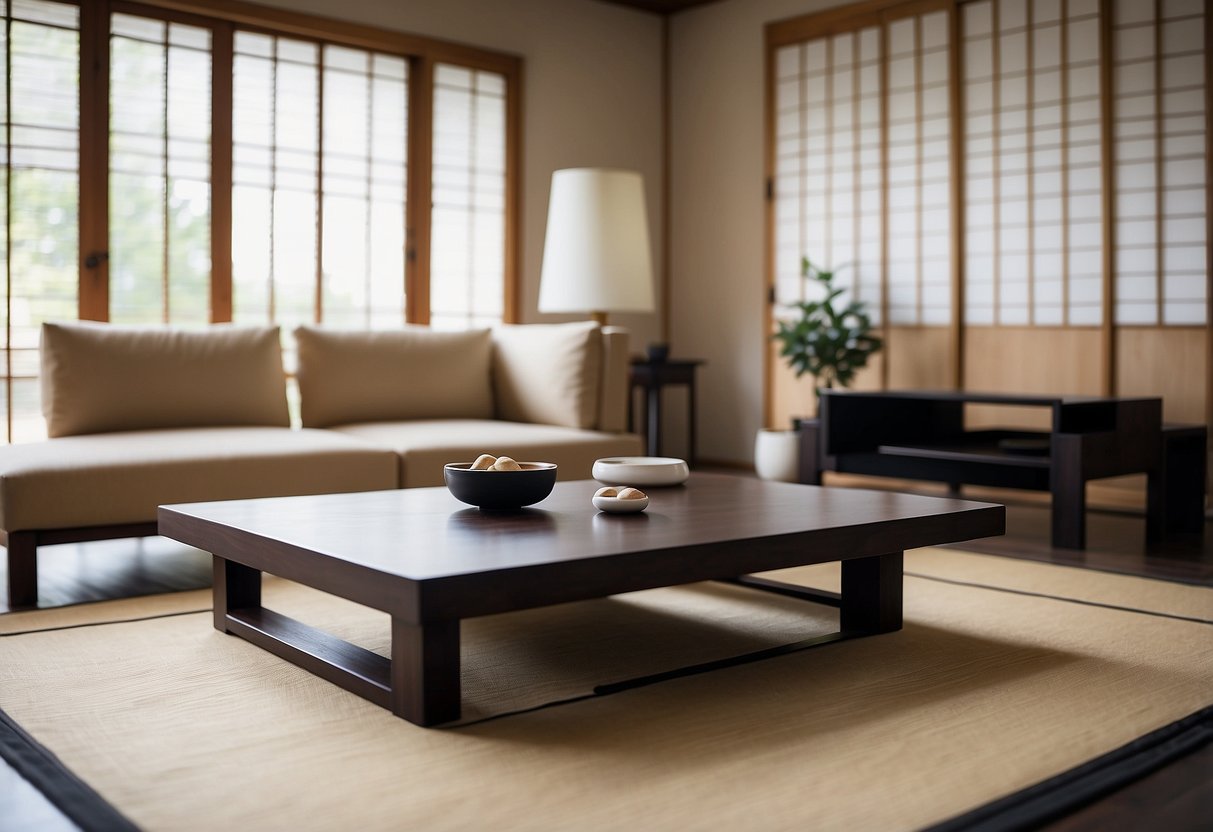 A modern living room with a low, sleek Japanese coffee table, minimalist shoji screens, and a tatami mat floor, blending traditional and contemporary design elements