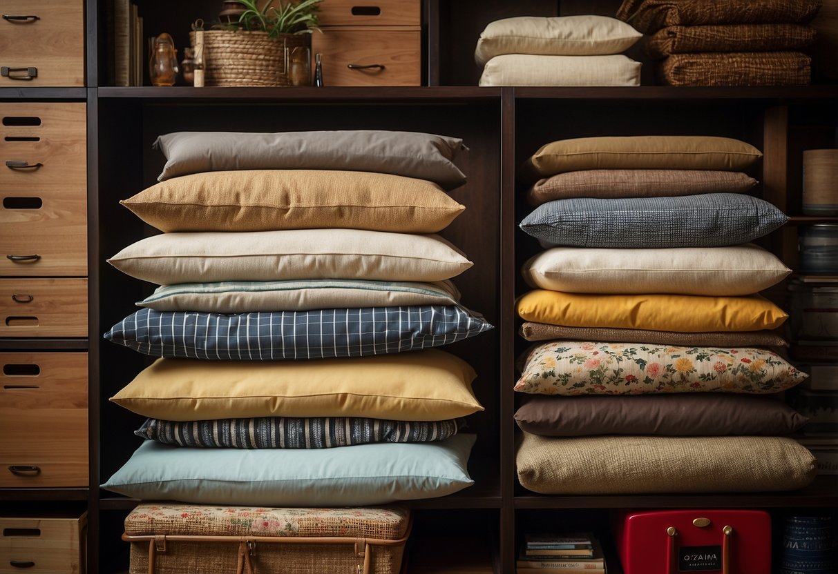A stack of Japanese furniture with labels: "Tatami," "Kotatsu," "Shoji," "Futon," "Zabuton," "Chabudai," "Kaidan-dansu," "Tans