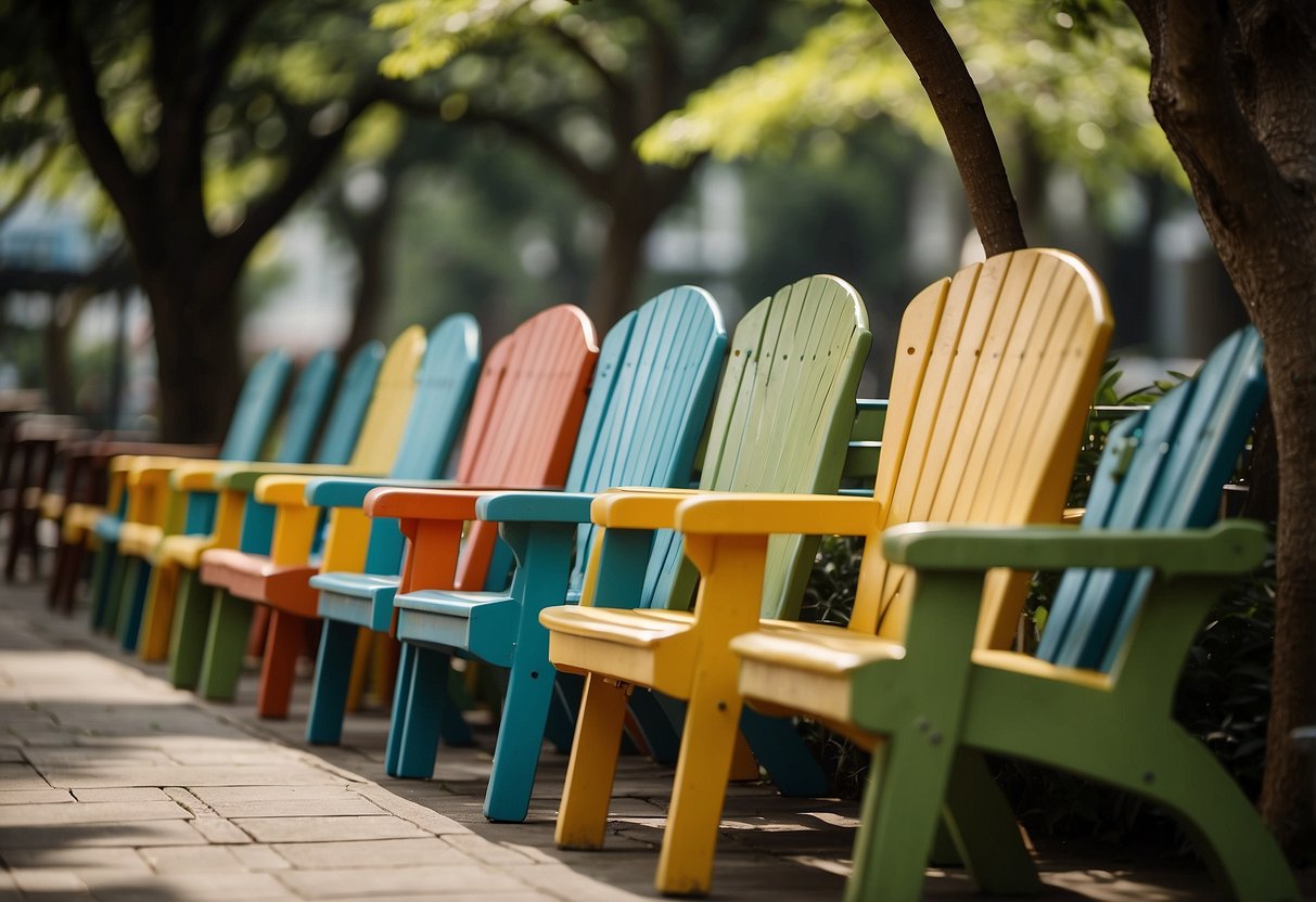 A row of colorful outdoor furniture lines Joo Seng Road, under the shade of tall trees