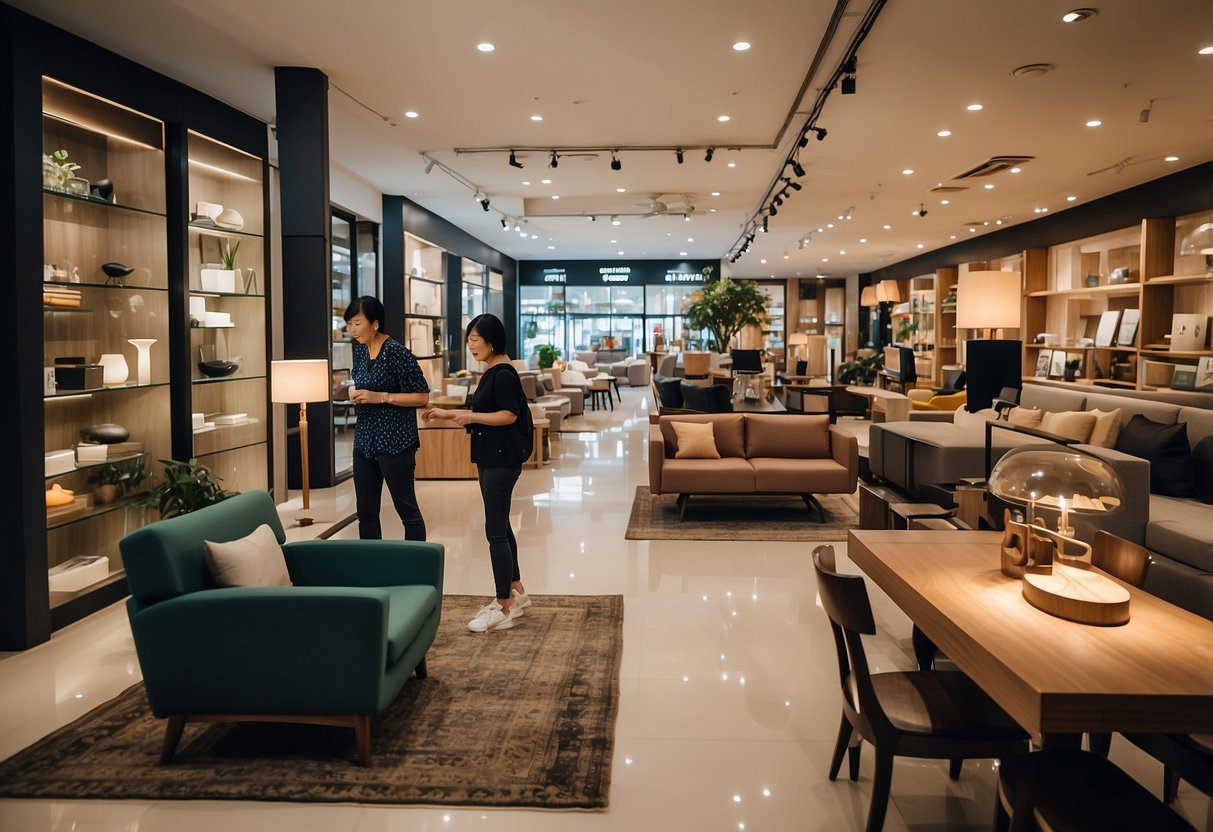Customers browsing furniture displays in Joo Seng Road outlets. Brightly lit showroom with various styles and designs