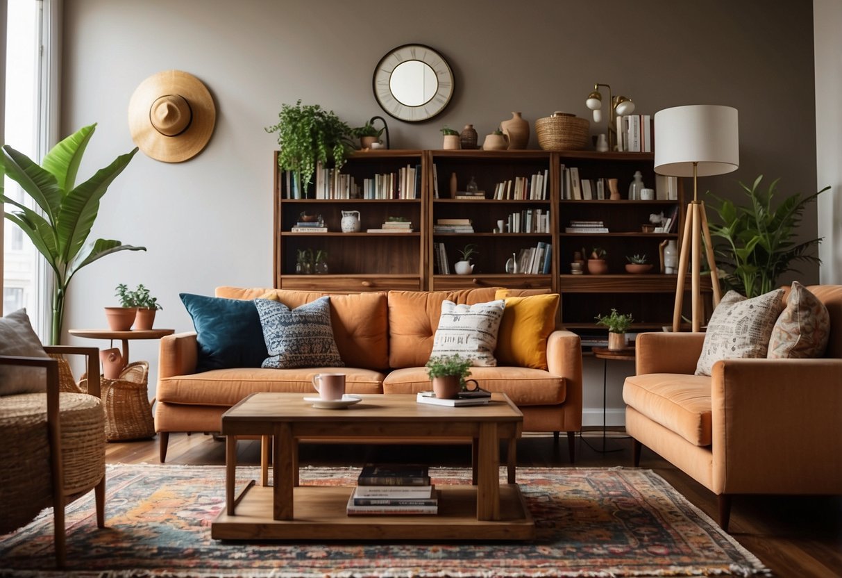 A cozy living room with a vintage wooden coffee table, a plush sofa, and a stylish floor lamp. A bookshelf filled with eclectic decor and a colorful rug complete the inviting space