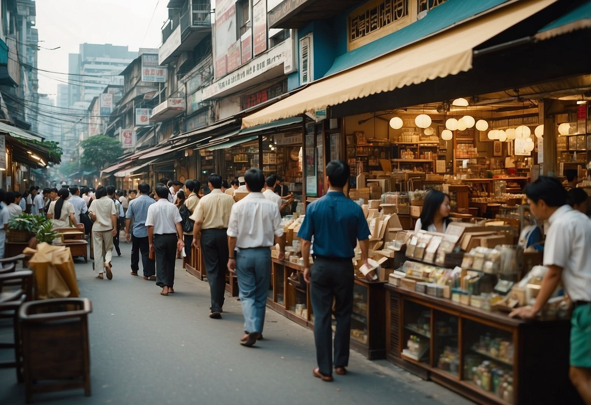 A busy street with furniture shops, people browsing, and signboards displaying "Frequently Asked Questions joo seng road furniture."