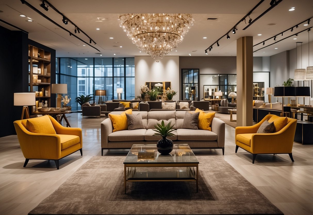 A spacious showroom displays modern and classic furniture collections. Bright lights illuminate the elegant displays, inviting customers to explore the diverse selection