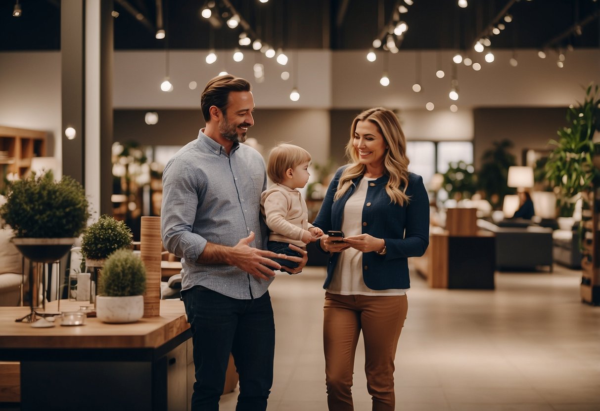 A family browsing through a spacious showroom, admiring the wide selection of furniture. A friendly sales associate assists them with a warm smile