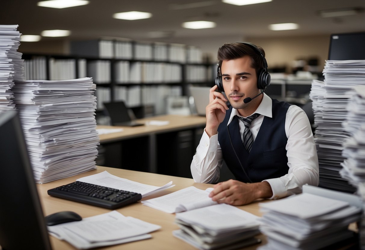 A customer service representative sitting at a desk, surrounded by stacks of papers and a computer, with a phone headset on, answering questions about Katy Furniture