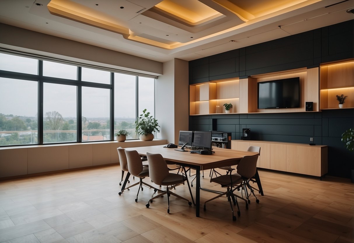 A spacious room with acoustic furniture strategically placed to absorb sound, including wall panels, ceiling baffles, and freestanding acoustic elements