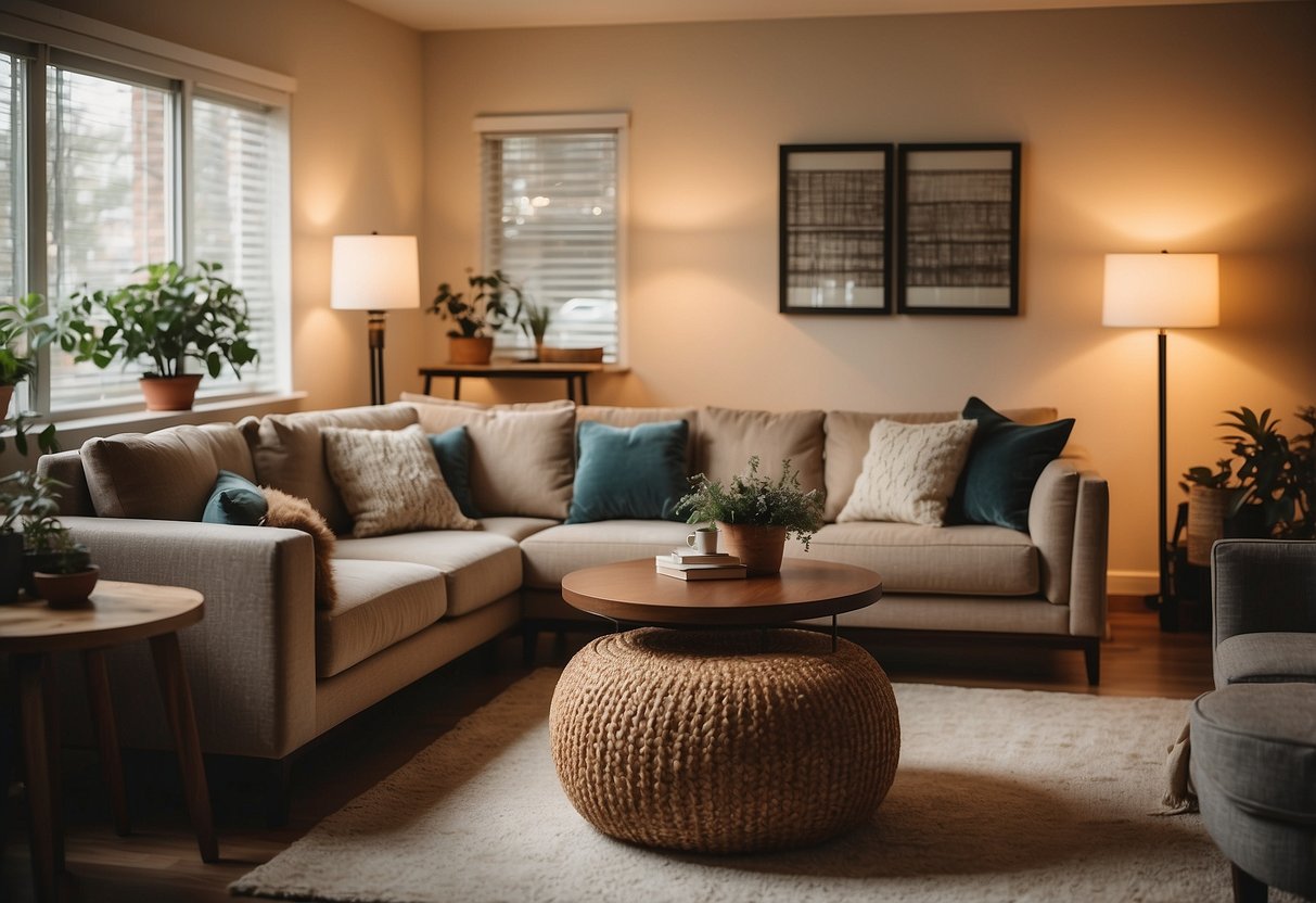 A cozy living room with a variety of acoustic furniture pieces arranged for comfort and functionality. Soft lighting and a warm color scheme create a welcoming atmosphere